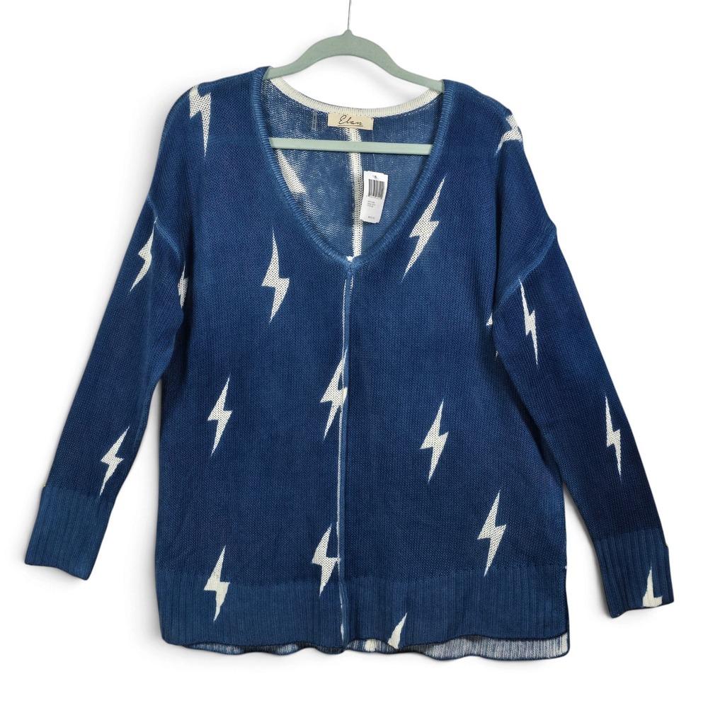 Elan Sweater Women OS Denim Blue Lightning Bolt V-Neck Oversized Flash Knit NWT